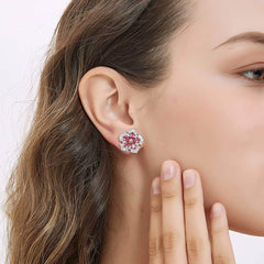 Silver Rhinestone Studded Diamond Flower Earrings Red / Clip On