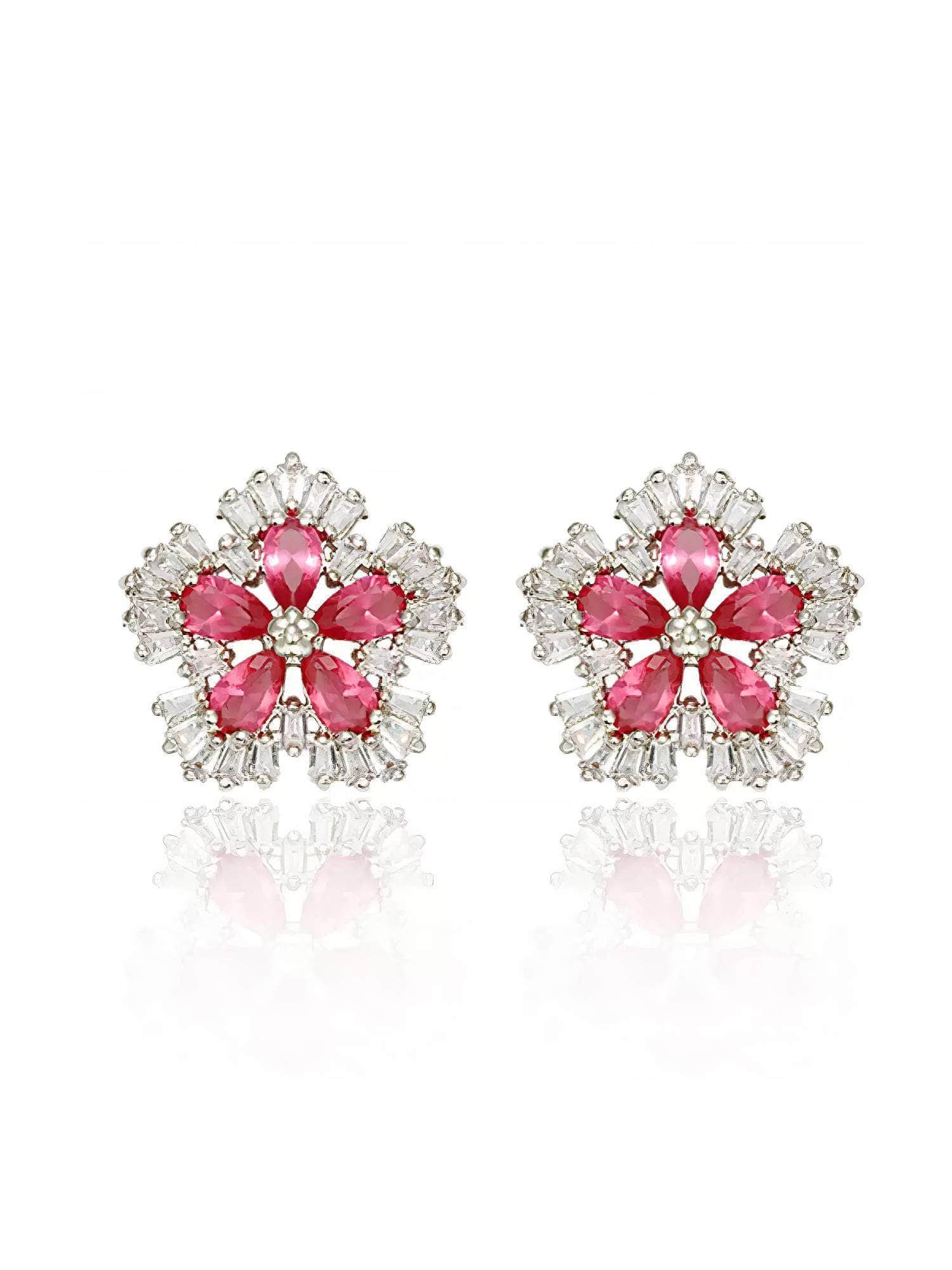 Silver Rhinestone Studded Diamond Flower Earrings Red / Clip On
