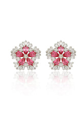 Silver Rhinestone Studded Diamond Flower Earrings Red / Clip On