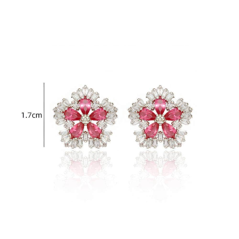 Silver Rhinestone Studded Diamond Flower Earrings Red / Clip On