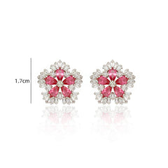 Silver Rhinestone Studded Diamond Flower Earrings Red / Clip On