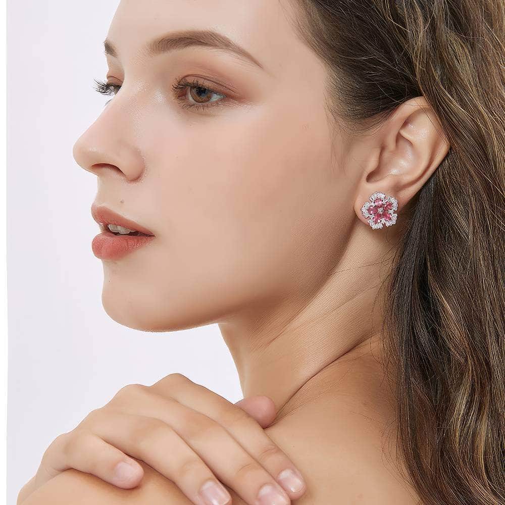Silver Rhinestone Studded Diamond Flower Earrings Red / Clip On
