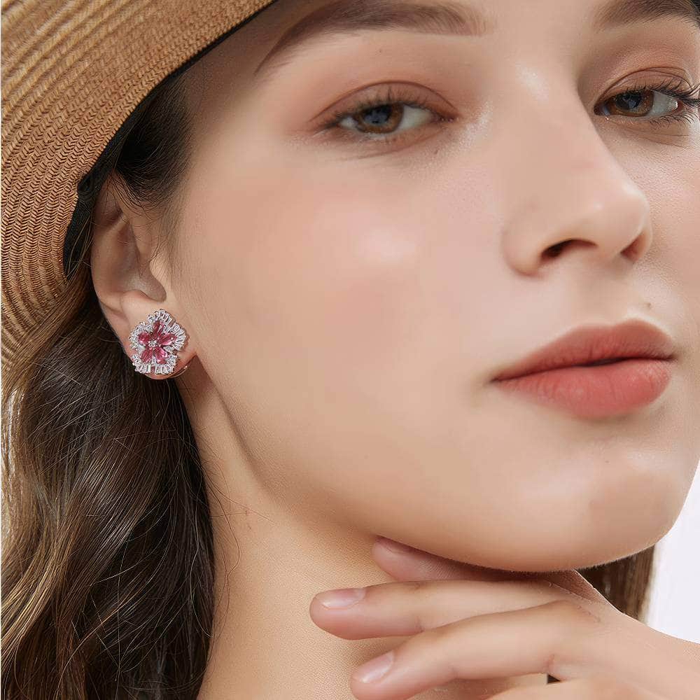 Silver Rhinestone Studded Diamond Flower Earrings Red / Clip On