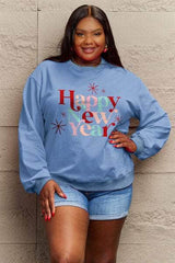 Simply Love Full Size HAPPY NEW YEAR Round Neck Sweatshirt Misty Blue / S