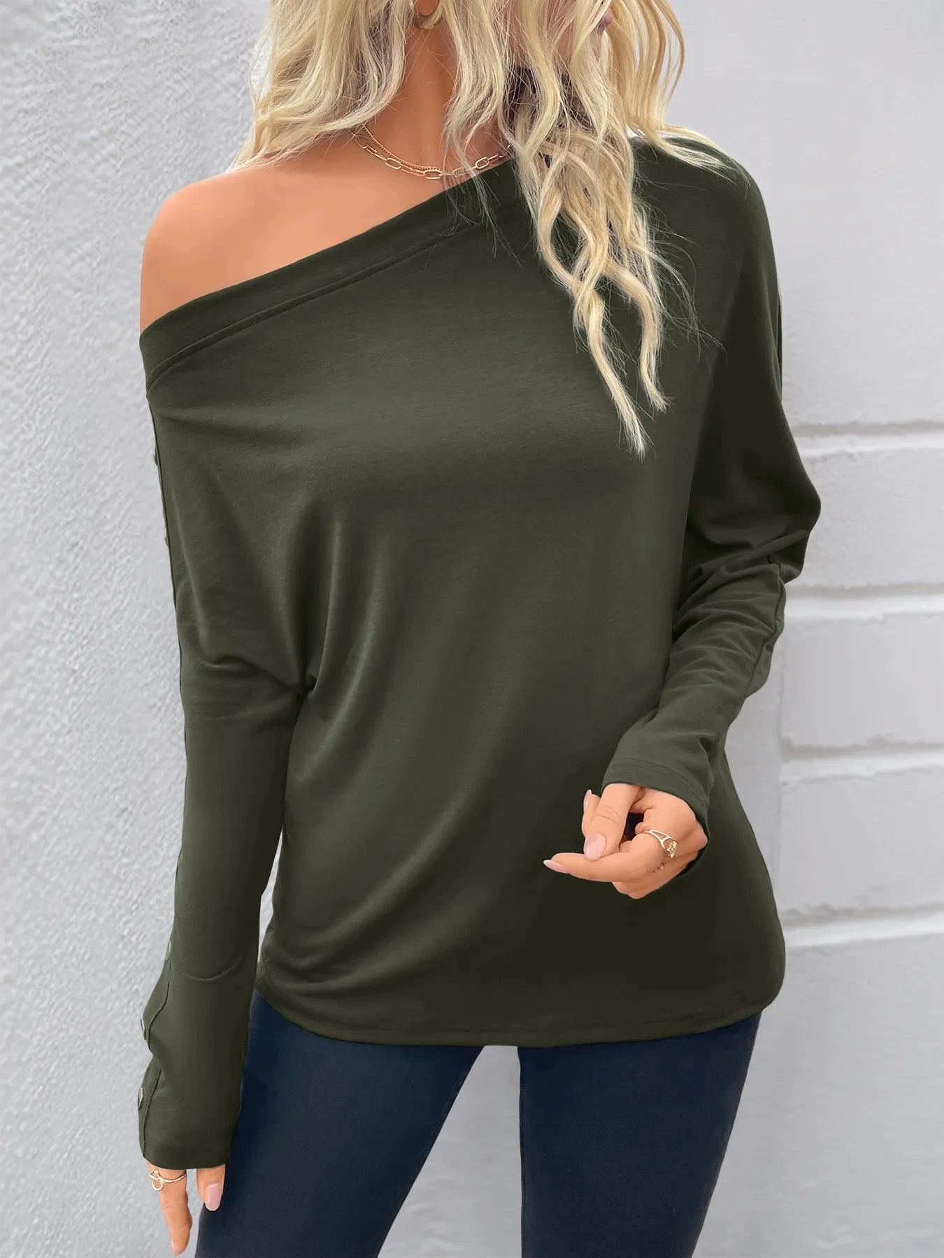 Single Shoulder Long Sleeve T-Shirt Dark Green / S