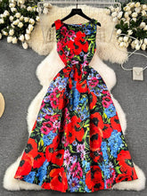 Sleeveless Floral Print Vintage Large Pleated Midi Dress S / Red