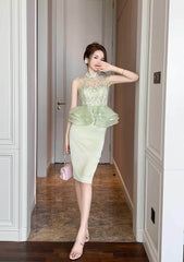 Sleeveless Halter Neck Ruffled Peplum Dress