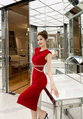 Sleeveless Rhinestone Cut Out Bodycon Dress