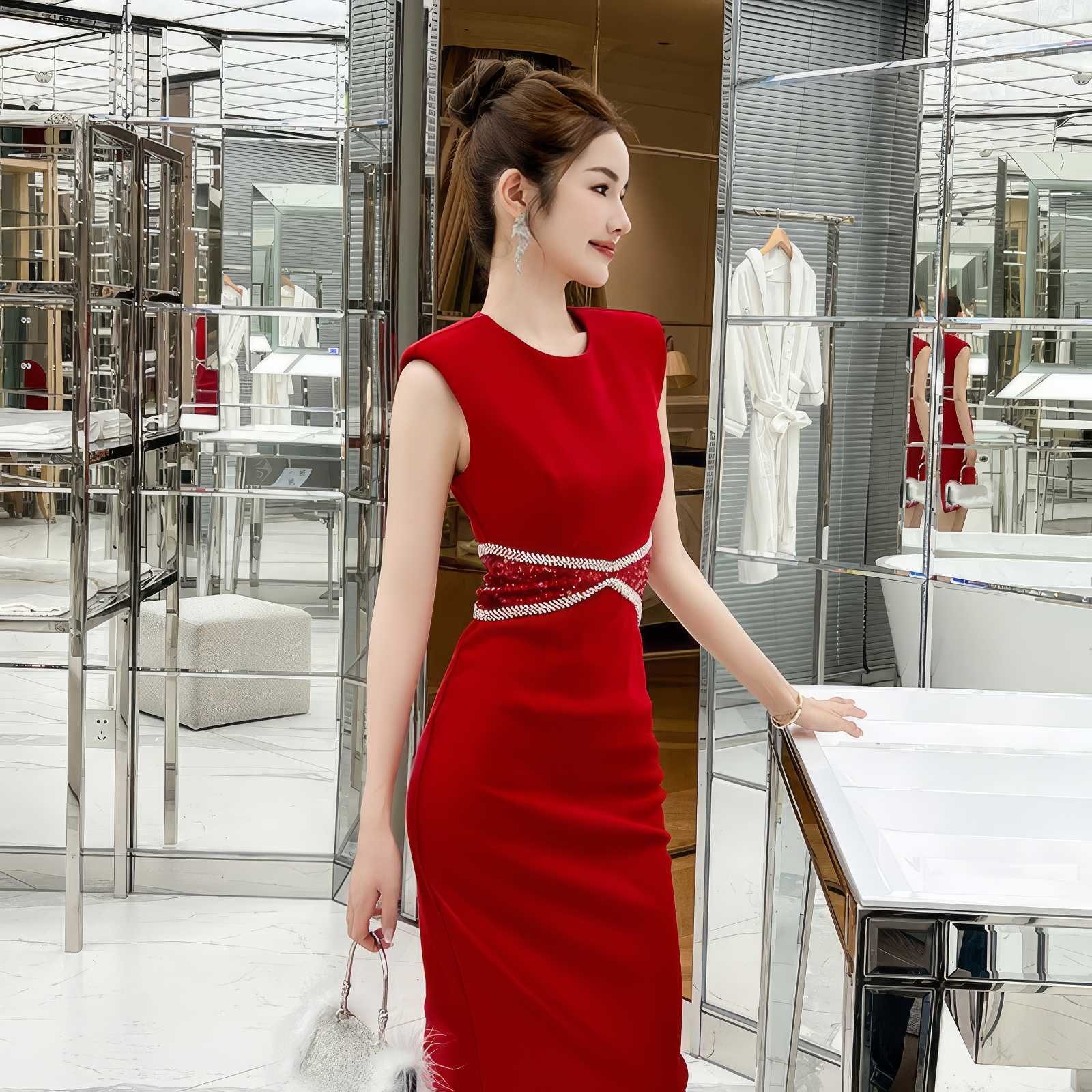 Sleeveless Rhinestone Cut Out Bodycon Dress