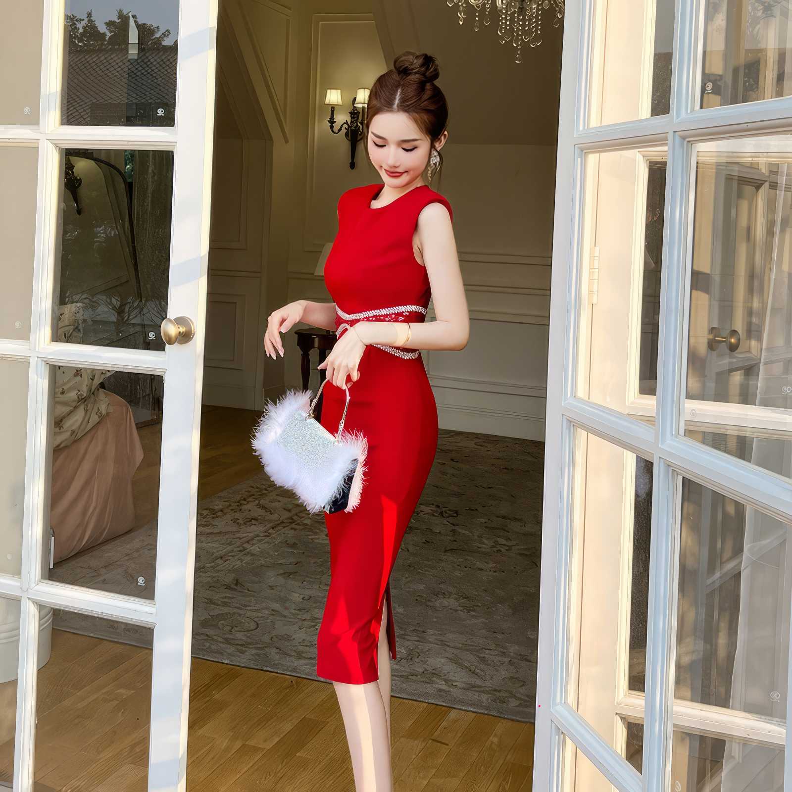 Sleeveless Rhinestone Cut Out Bodycon Dress