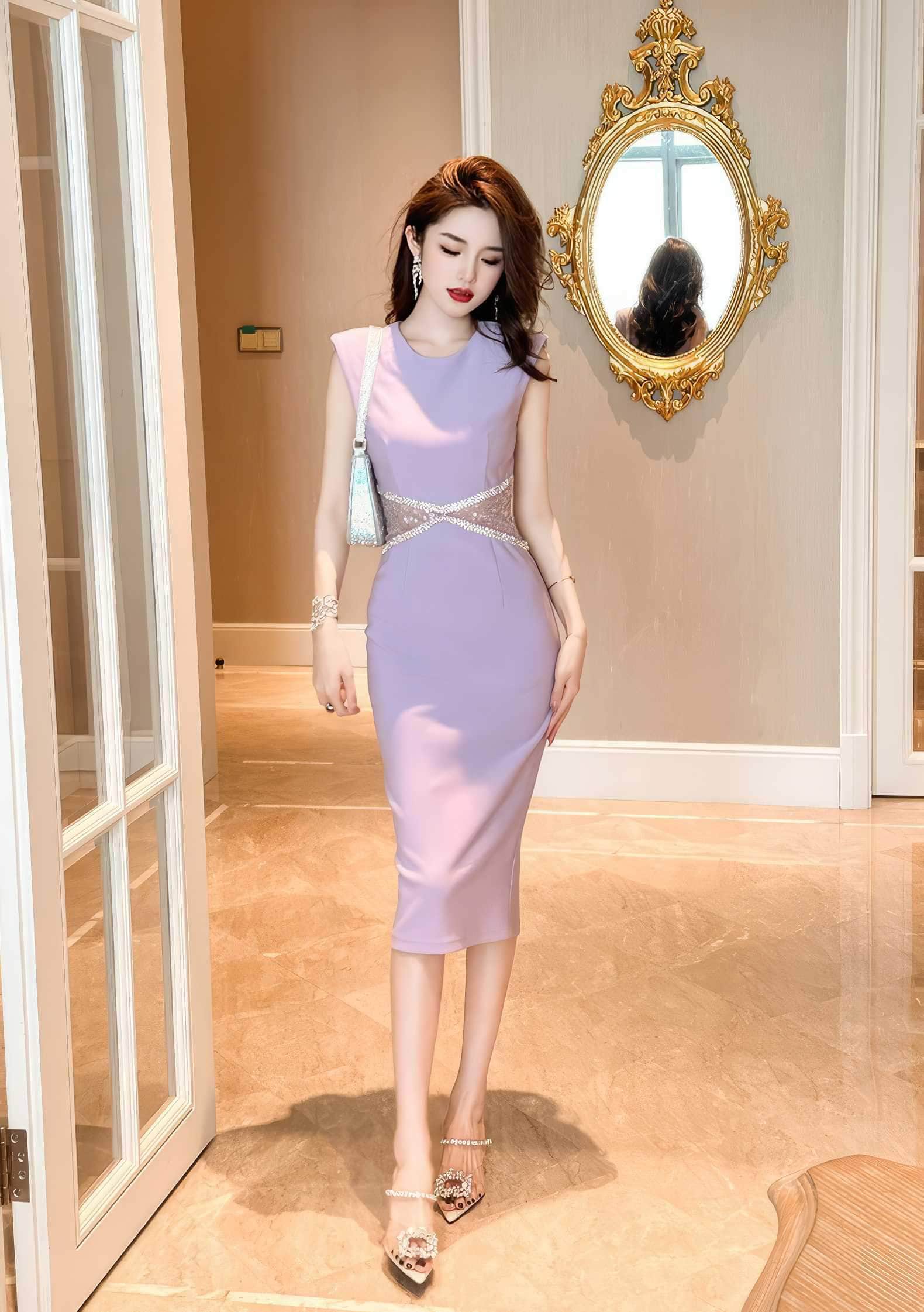 Sleeveless Rhinestone Cut Out Bodycon Dress S / Plum