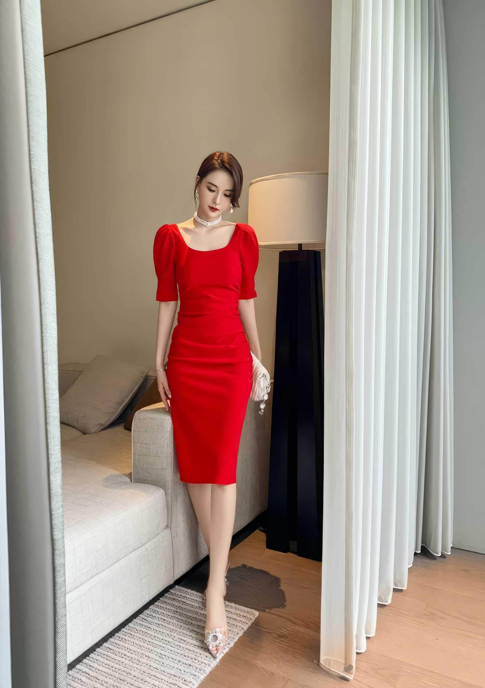 Slimfit Puff Sleeves Cocktail Midi Dress