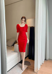 Slimfit Puff Sleeves Cocktail Midi Dress