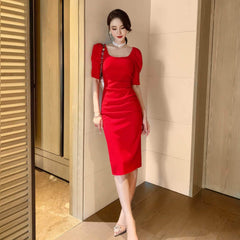 Slimfit Puff Sleeves Cocktail Midi Dress