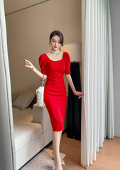 Slimfit Puff Sleeves Cocktail Midi Dress S / Red