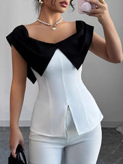 Slit Contrast Cap Sleeve Blouse