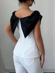 Slit Contrast Cap Sleeve Blouse