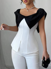 Slit Contrast Cap Sleeve Blouse