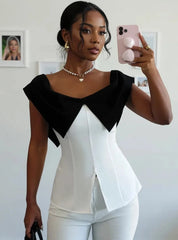 Slit Contrast Cap Sleeve Blouse White / S