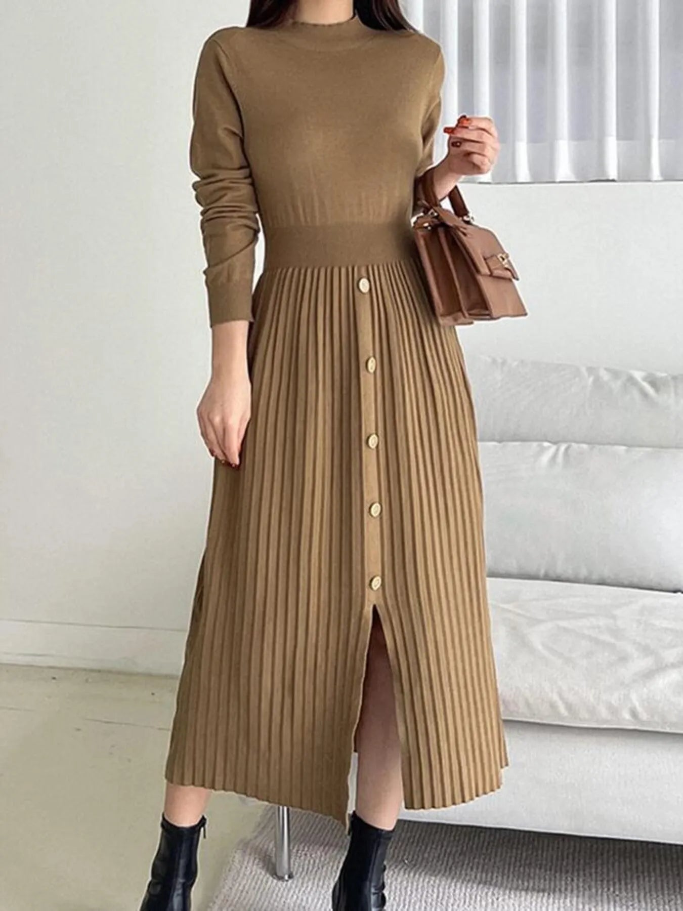 Slit Front Mock Neck Long Sleeve Knit Dress Brown / S