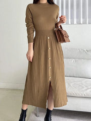Slit Front Mock Neck Long Sleeve Knit Dress Brown / S