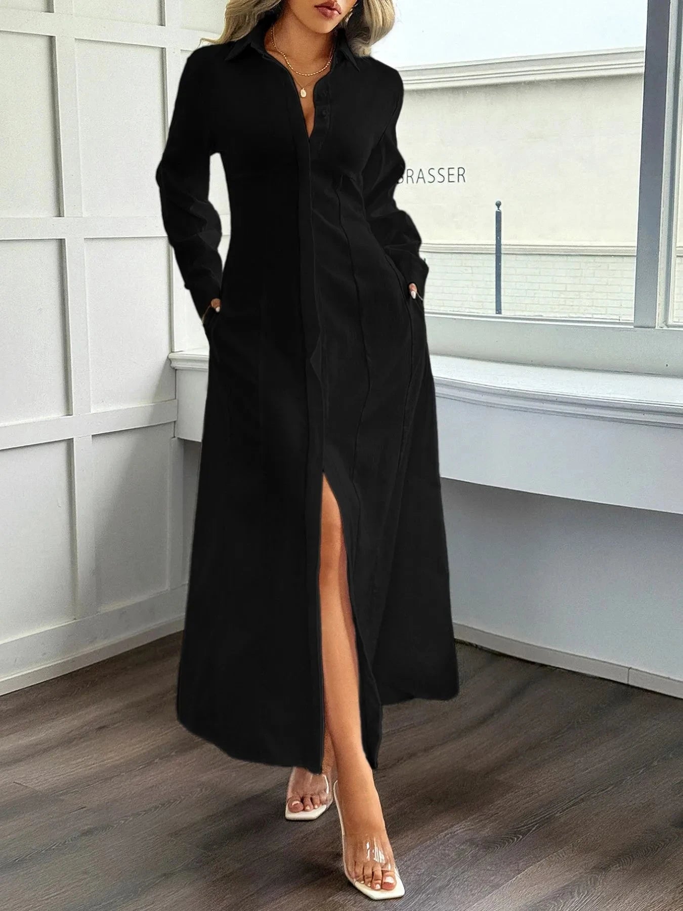 Slit Long Sleeve Maxi Shirt Dress Black / S