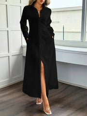 Slit Long Sleeve Maxi Shirt Dress Black / S