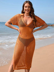 Slit Openwork Johnny Collar Short Sleeve Cover-Up Ochre / S
