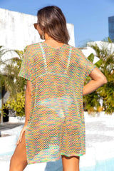 Slit Openwork V-Neck Short Sleeve Cover Up Multicolor / One Size