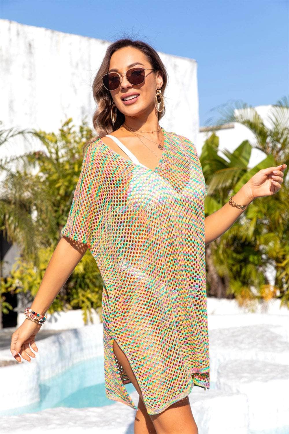 Slit Openwork V-Neck Short Sleeve Cover Up Multicolor / One Size