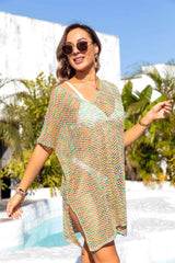 Slit Openwork V-Neck Short Sleeve Cover Up Multicolor / One Size