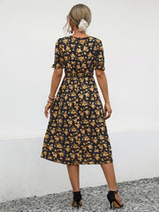 Slit Printed V-Neck Short Sleeve Dress