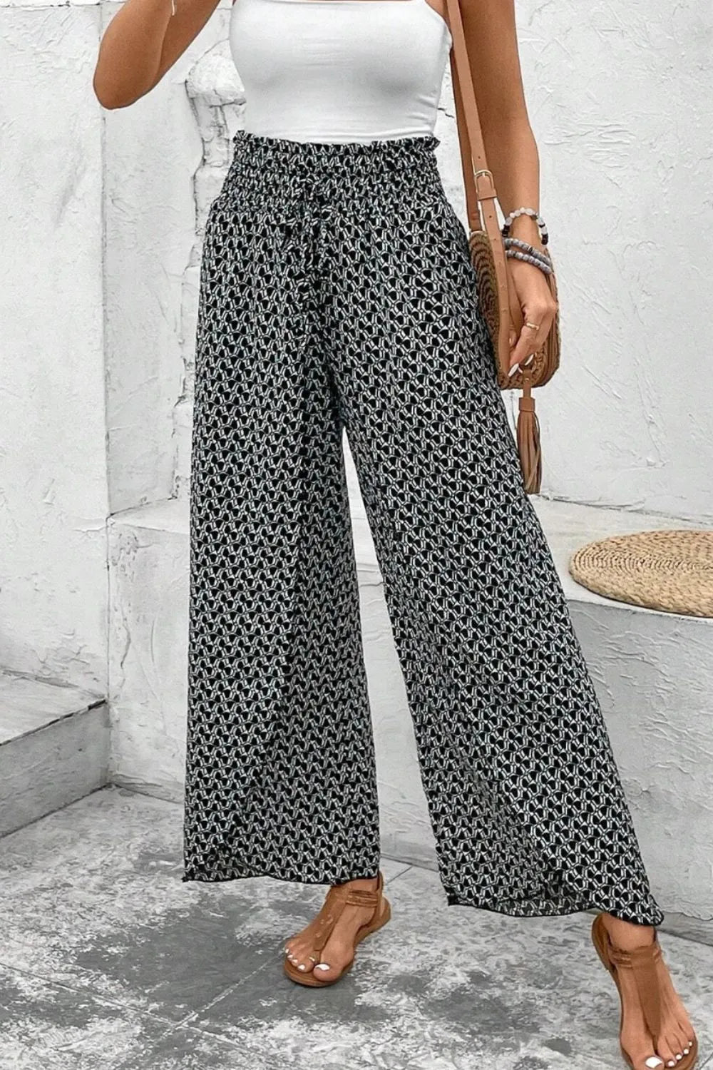 Slit Printed Wide leg Pants Black / XL