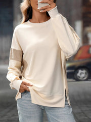 Slit Round Neck Long Sleeve Sweatshirt