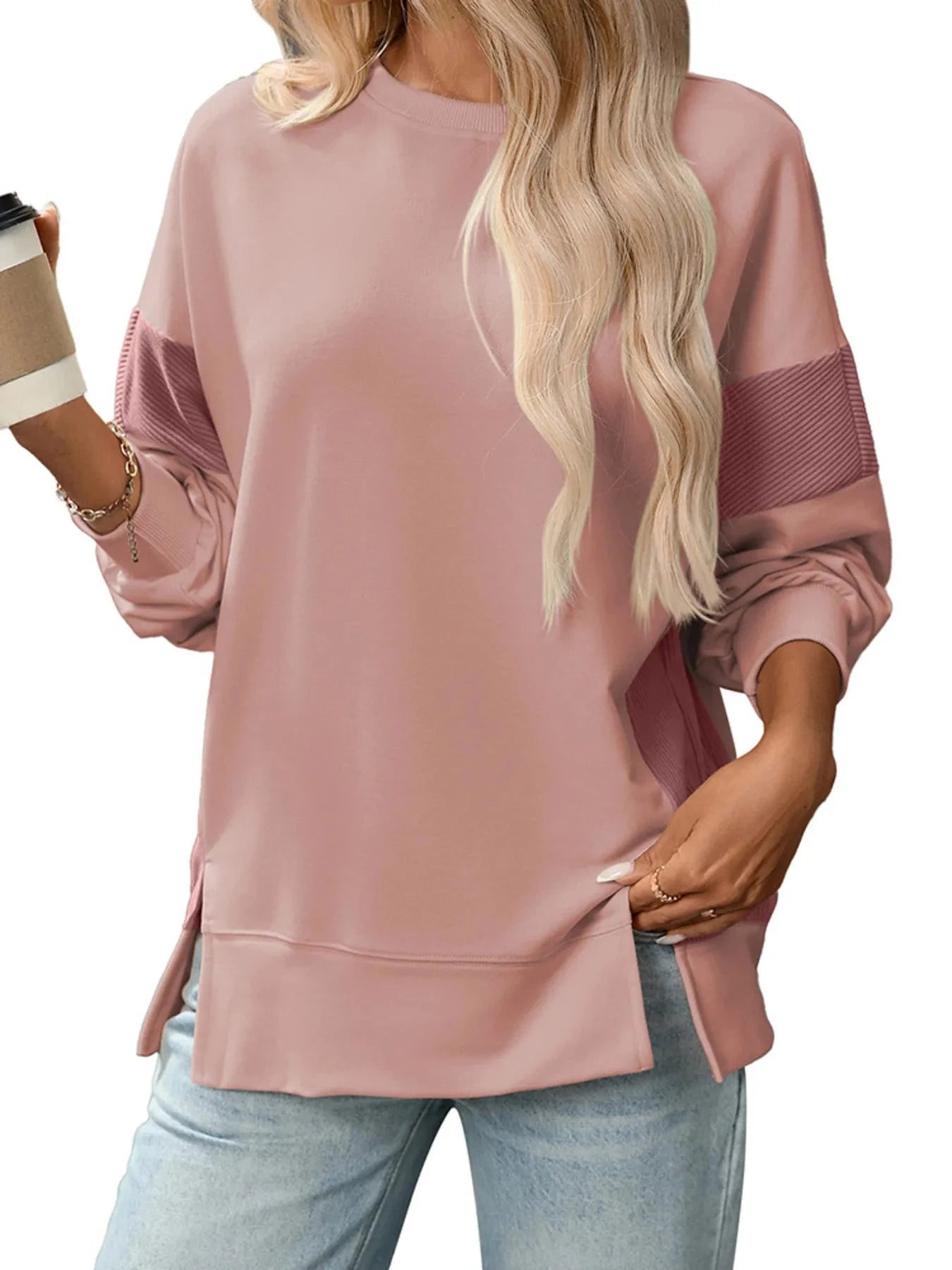 Slit Round Neck Long Sleeve Sweatshirt