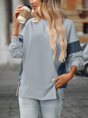 Slit Round Neck Long Sleeve Sweatshirt