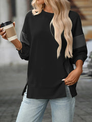 Slit Round Neck Long Sleeve Sweatshirt