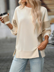 Slit Round Neck Long Sleeve Sweatshirt