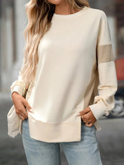 Slit Round Neck Long Sleeve Sweatshirt Apricot / S