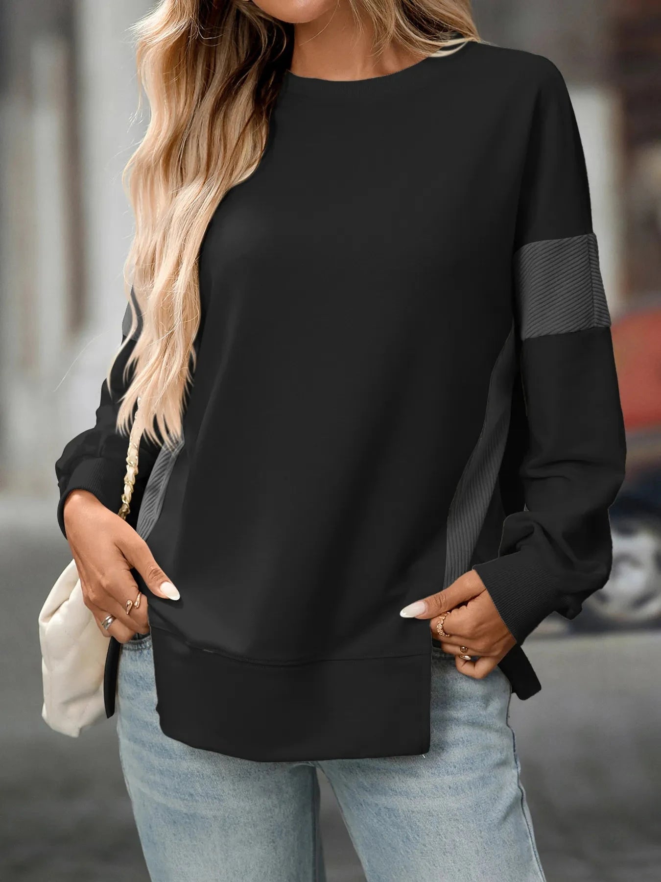 Slit Round Neck Long Sleeve Sweatshirt Black / S