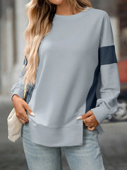 Slit Round Neck Long Sleeve Sweatshirt Gray Blue / S