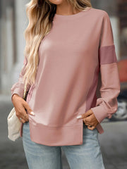 Slit Round Neck Long Sleeve Sweatshirt Pink / S