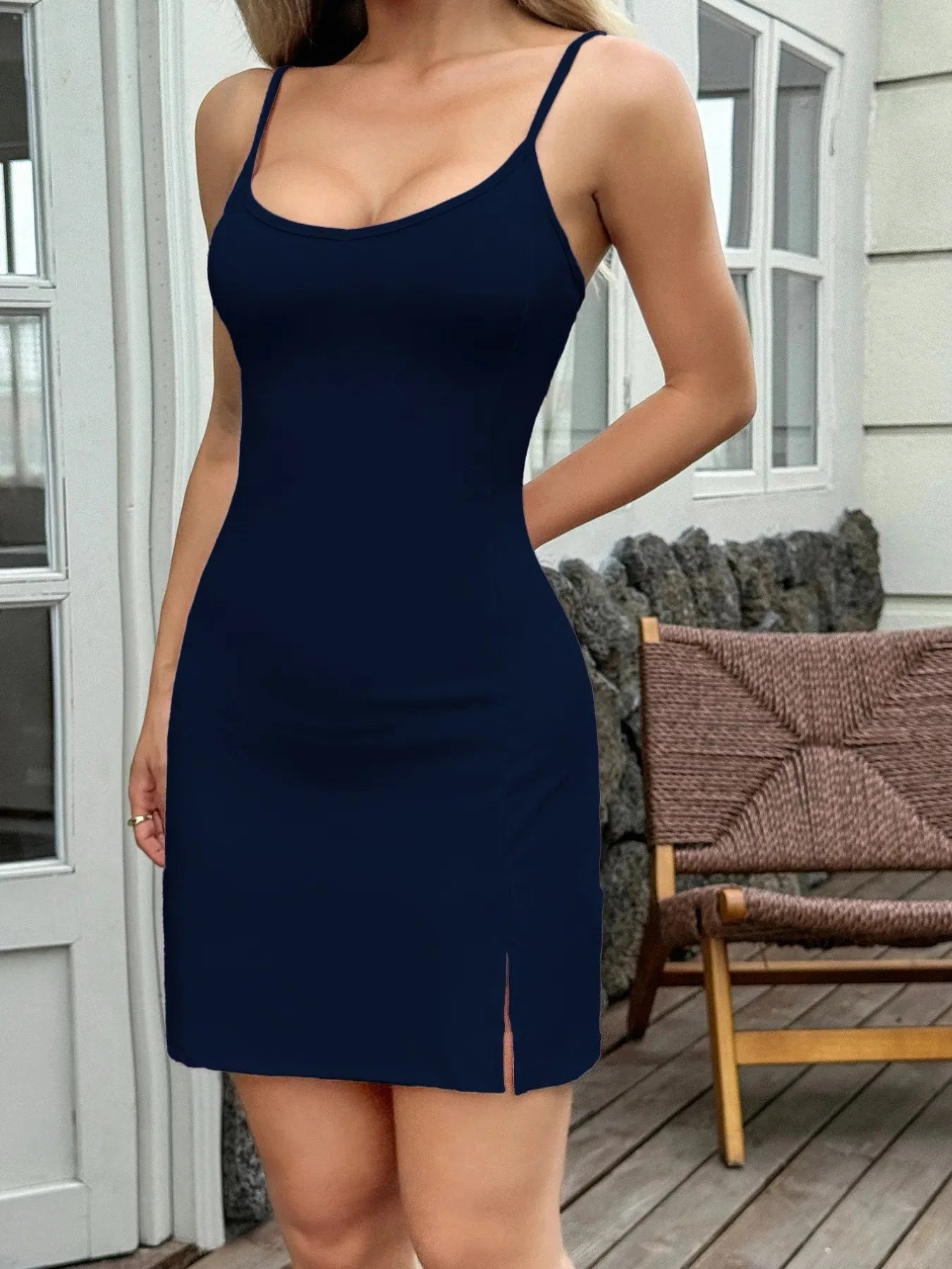 Slit Scoop Neck Cami Dress Dark Blue / S