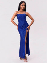 Slit Sequin Square Neck Spaghetti Strap Dress Royal Blue / S