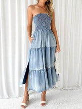 Slit Smocked Tube Tiered Denim Dress Dusty Blue / S