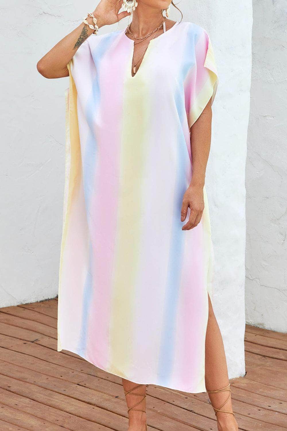 Slit Striped Notched Short Sleeve Cover Up Multicolor / One Size