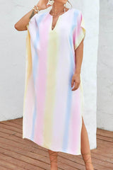 Slit Striped Notched Short Sleeve Cover Up Multicolor / One Size