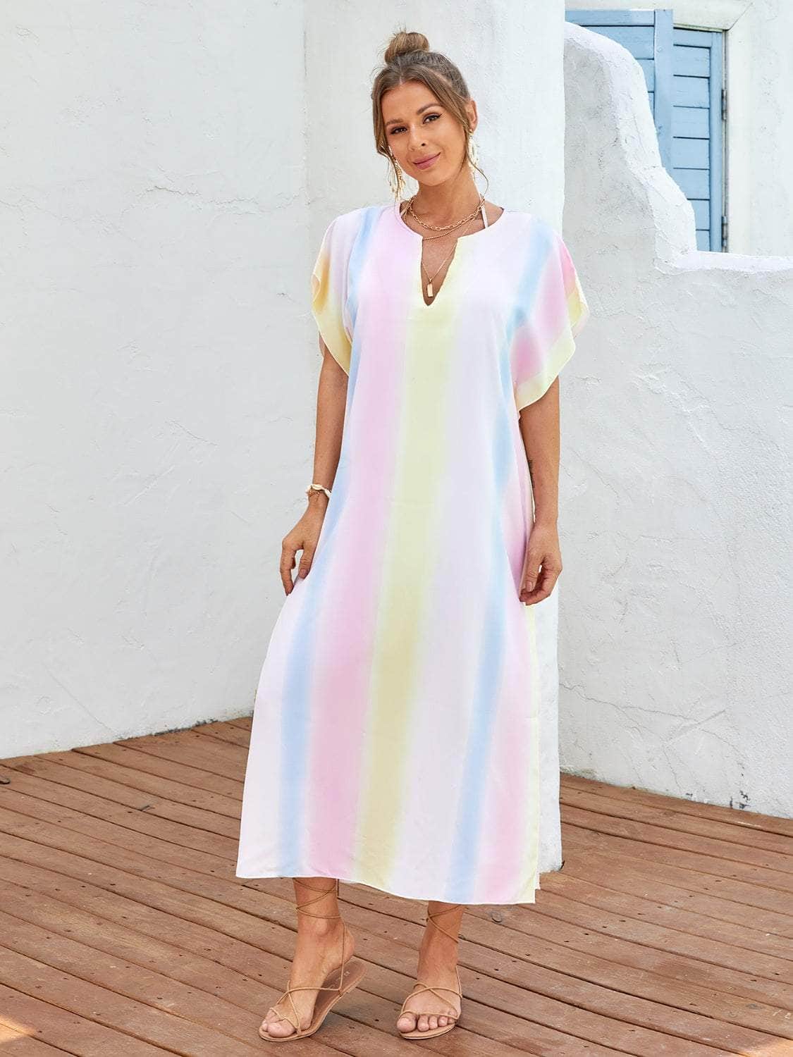 Slit Striped Notched Short Sleeve Cover Up Multicolor / One Size