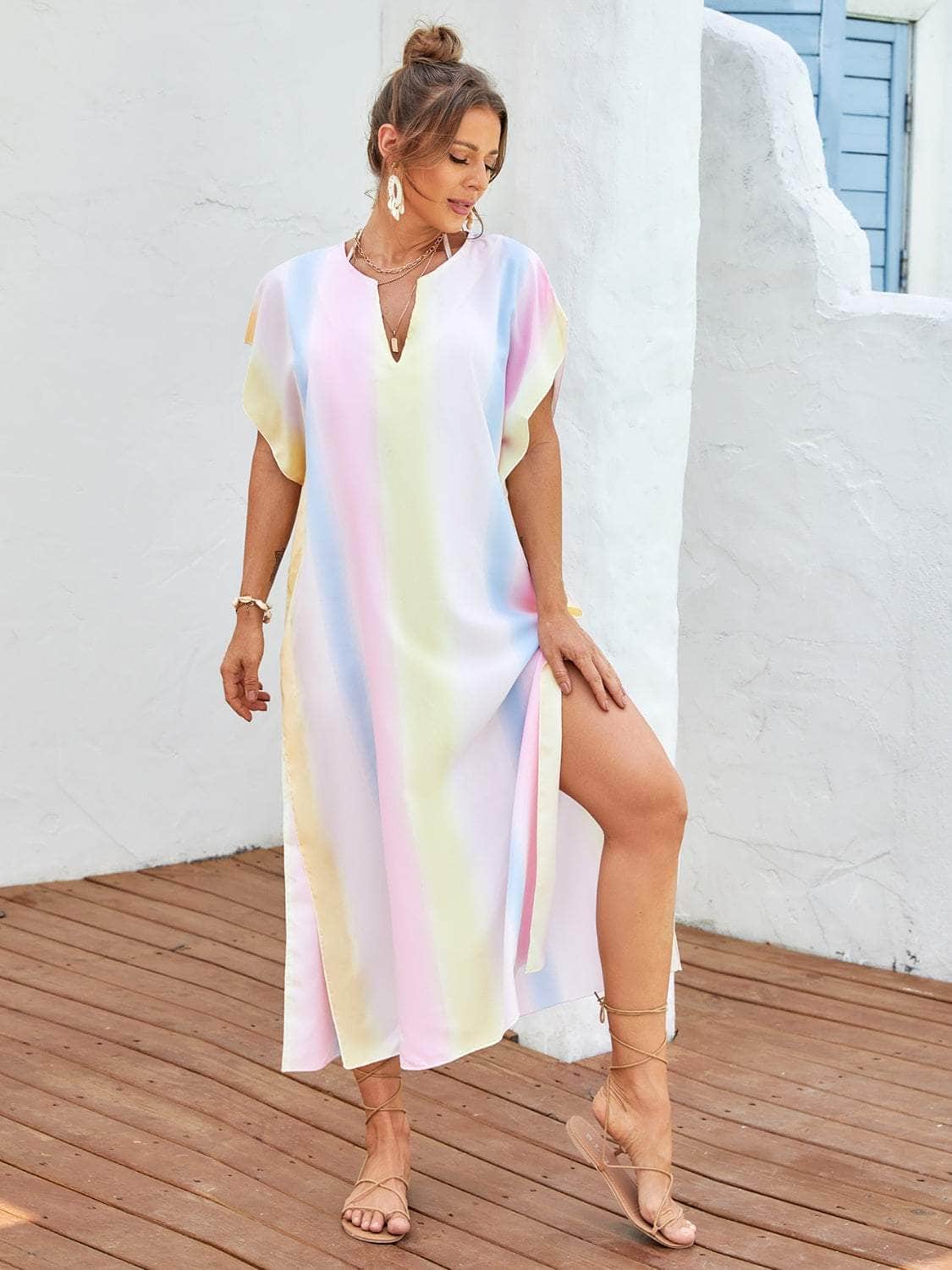 Slit Striped Notched Short Sleeve Cover Up Multicolor / One Size
