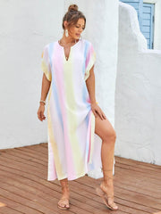 Slit Striped Notched Short Sleeve Cover Up Multicolor / One Size